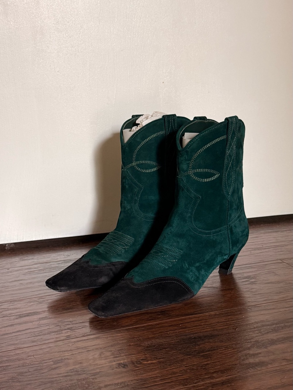 KHAITE Emerald Green Suede Western Ankle Boots with Black Toe - Picture 3 of 4